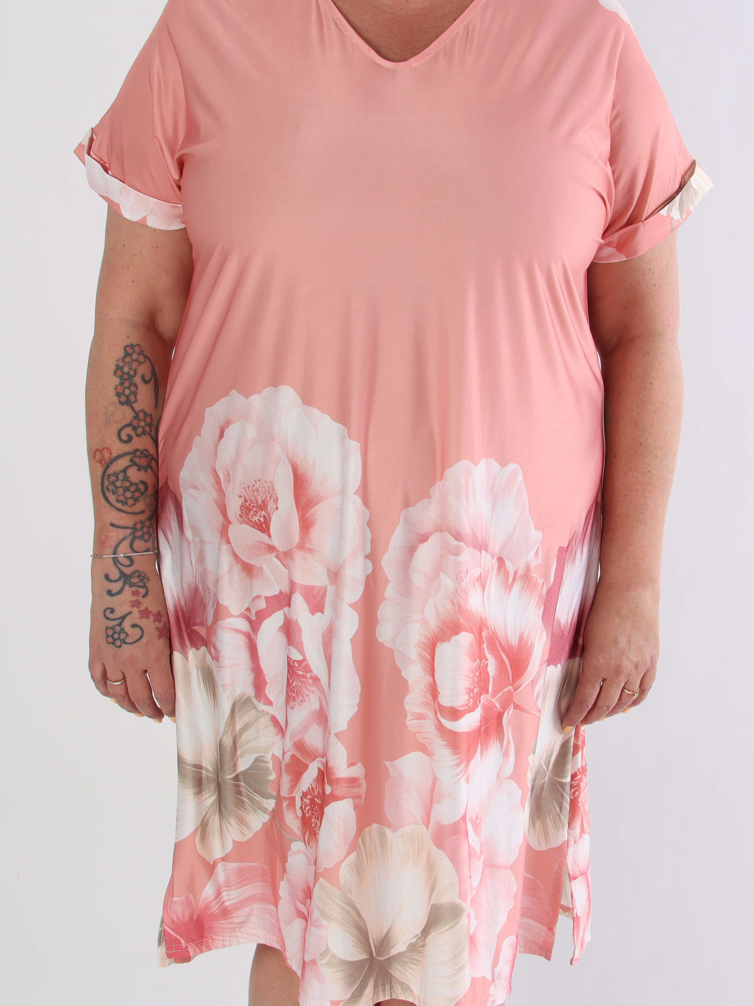 Evie Peony - Plus size tunikaklänning i elastiskt tyg med blomstermönster